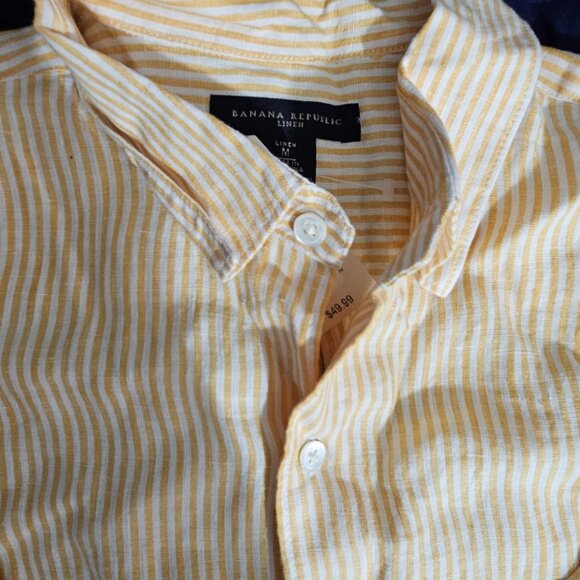 Banana Republic Button Down Stripe Shirt Mens Medium Pockets Long Sleeve Yellow - Picture 2 of 3